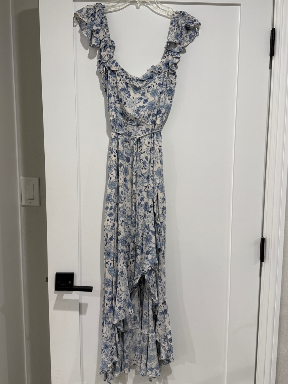Altar’d State Ruthie Floral Ruffle Maxi Dress in Blue and White